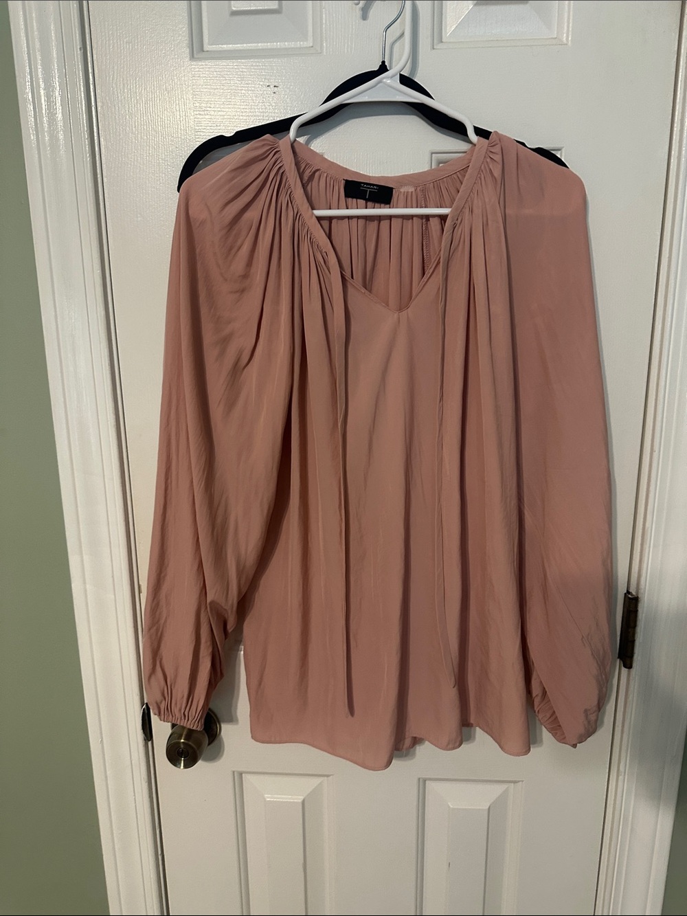 Tahari Dusty Rose V-Neck Gathered Long-Sleeve Blouse